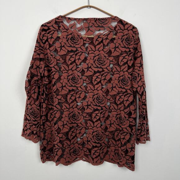 Cut Loose Womens Tunic Top SMALL Dark Pink Rose Floral Lace Sheer Pullover - Picture 3 of 7